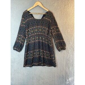 Umgee XL Womens Navy Blue All Over Southwest Print Blouson Pullover Lined Dress